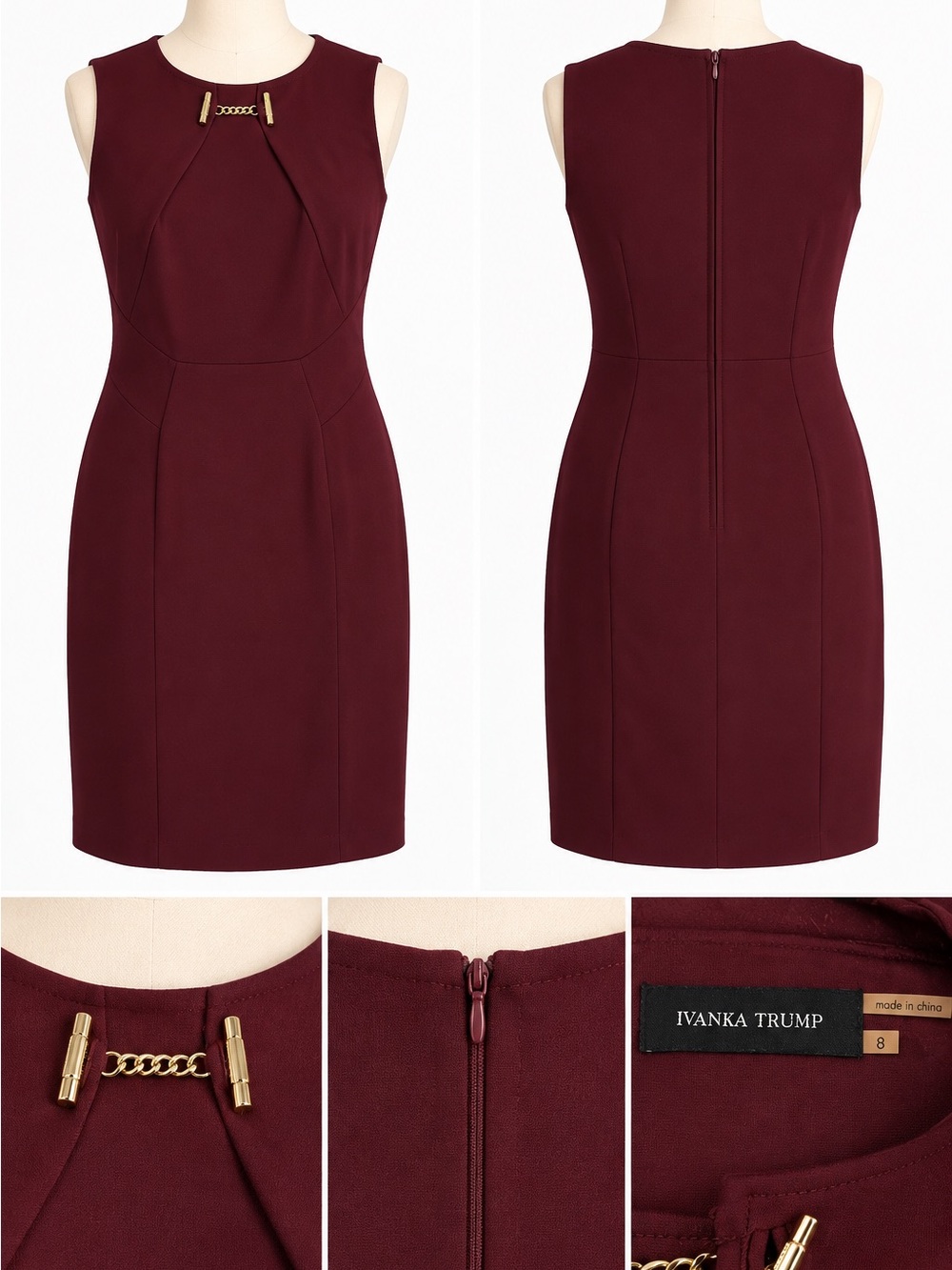 Ivanka Trump Burgundy Sheath Dress with Gold Chain Accent